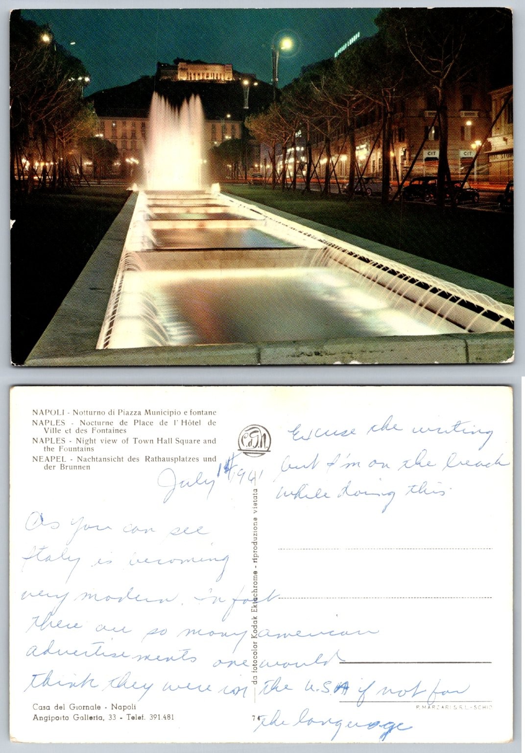 Naples Italy Night View Town Hall Square & Fountains 1941 Posted Postcard