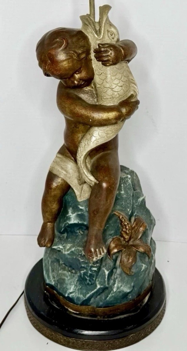 Vintage Neoclassical Putto Cherub Fish Lamp Hand Painted Plaster Chalkware 38\
