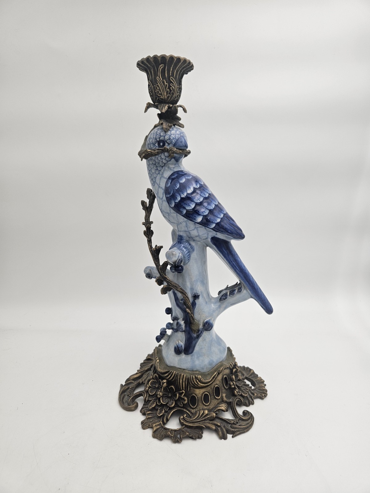 Antique Chinese Bird HOLLYWOOD REGENCY Blue White Brass Candle Holder 14