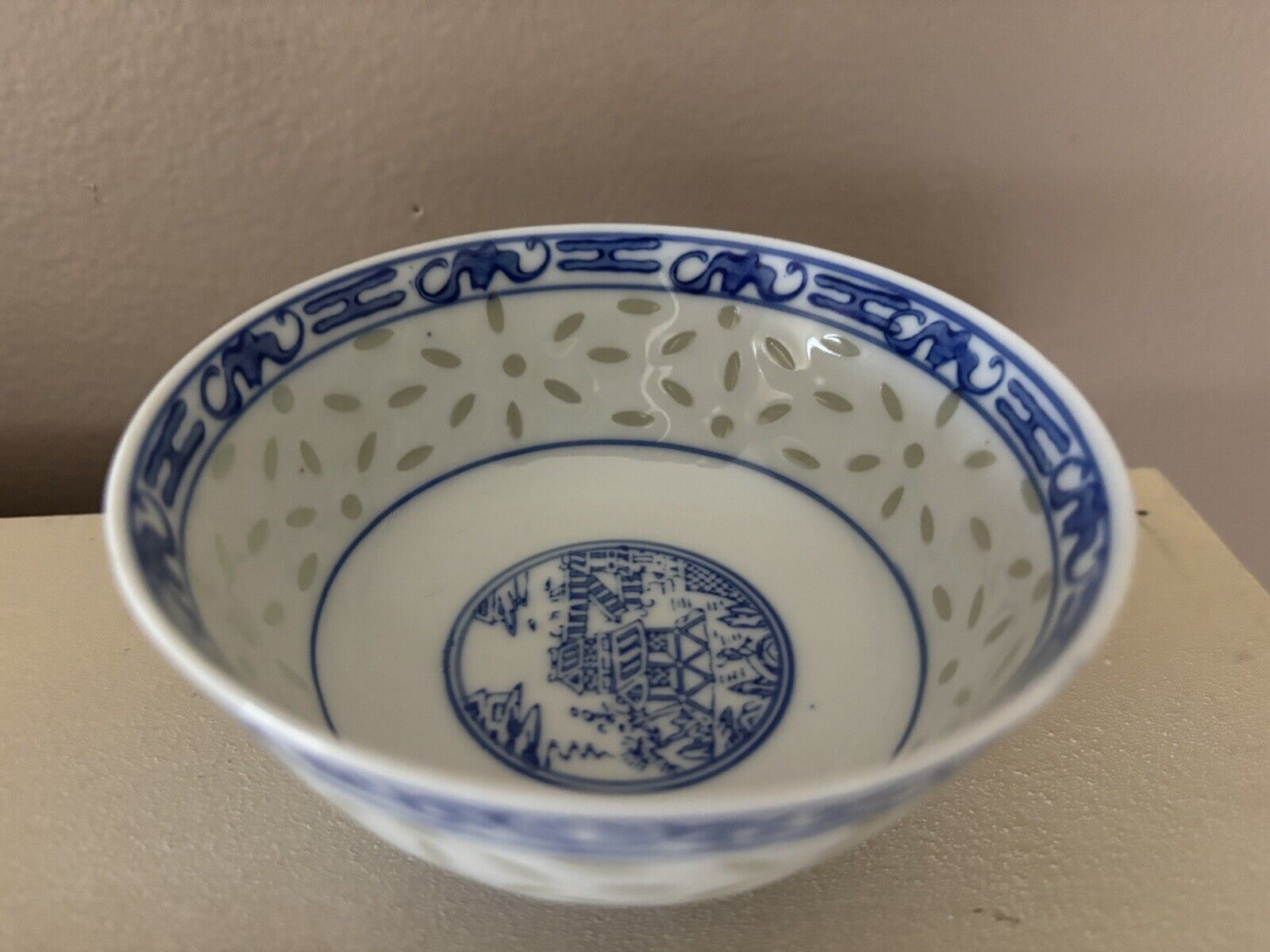 Vintage Chinese blue/white Rice grain  rice bowl Translucent