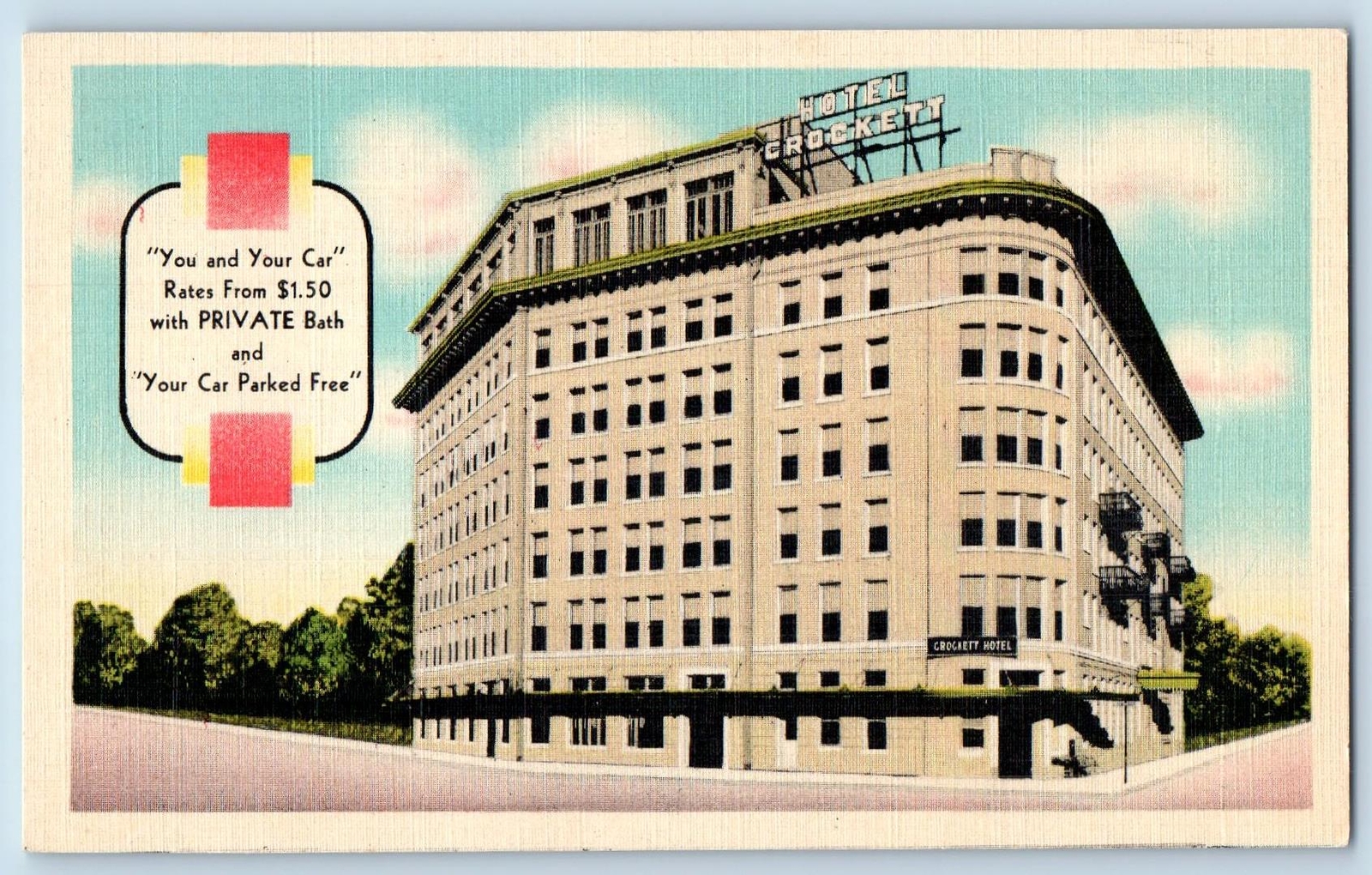 c1940's San Antonio Texas Postcard Crockett Hotel & Restaurant View Advertising