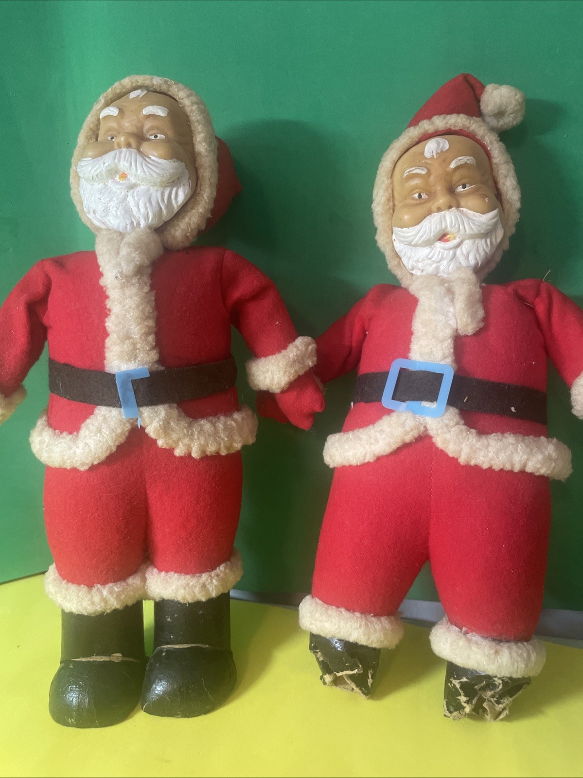 Two VTG rubber face Santa Claus Dolls Christmas collectibles MCM Japan 50\'s