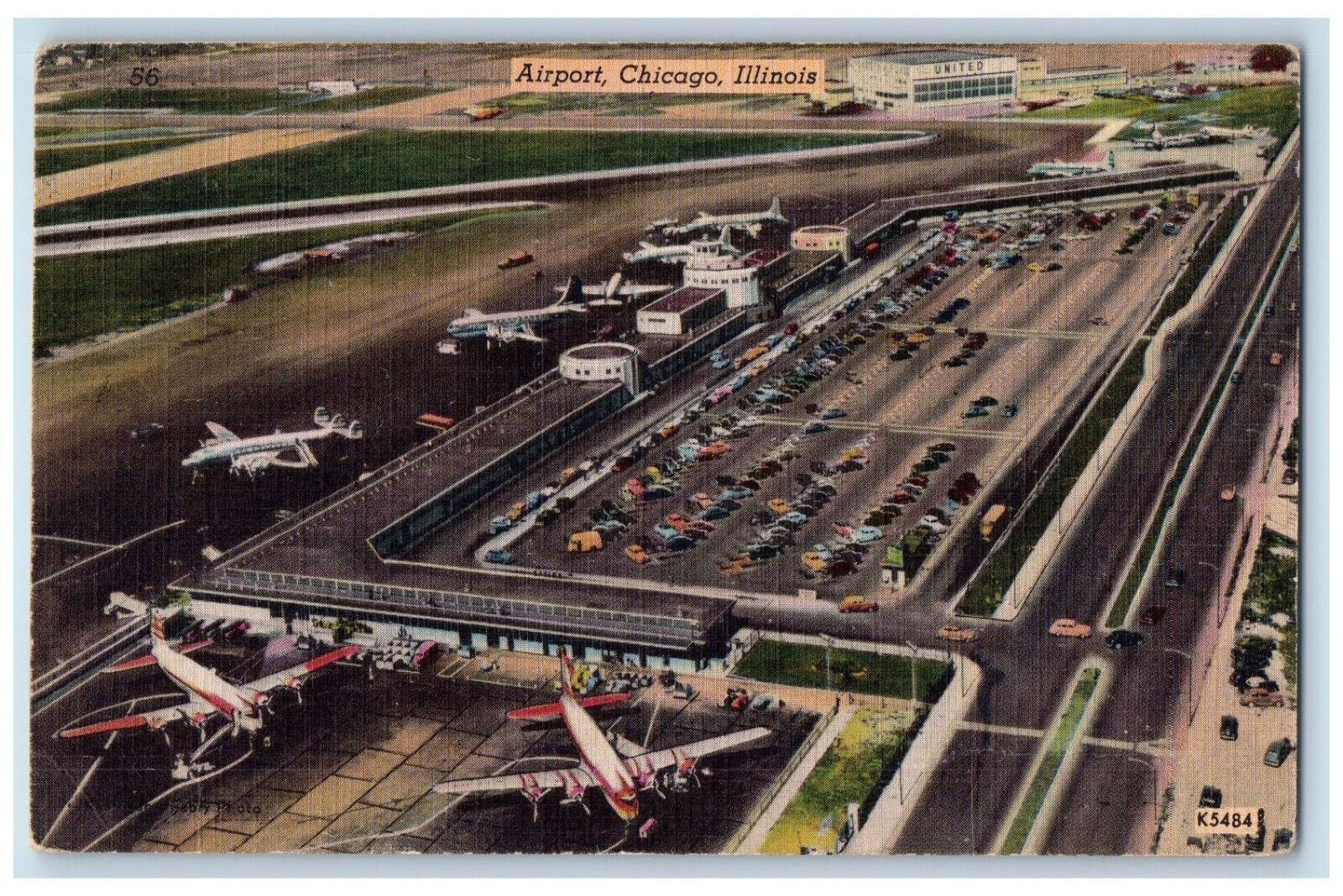 c1930's Aerial View Airplanes and Cars Scene Airport Chicago IL Postcard