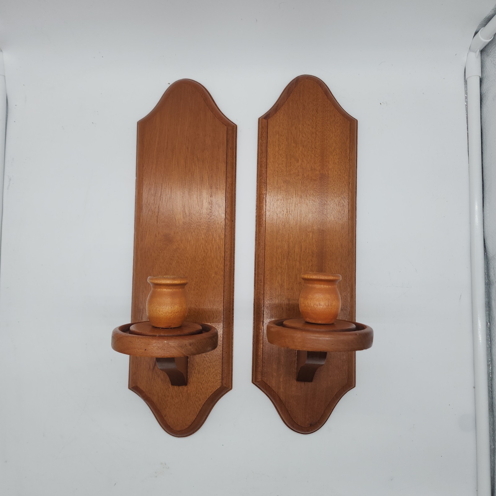 Two Vintage Wood Farmhouse Wall Candle Holders Maple Stained Cottage Core Retro