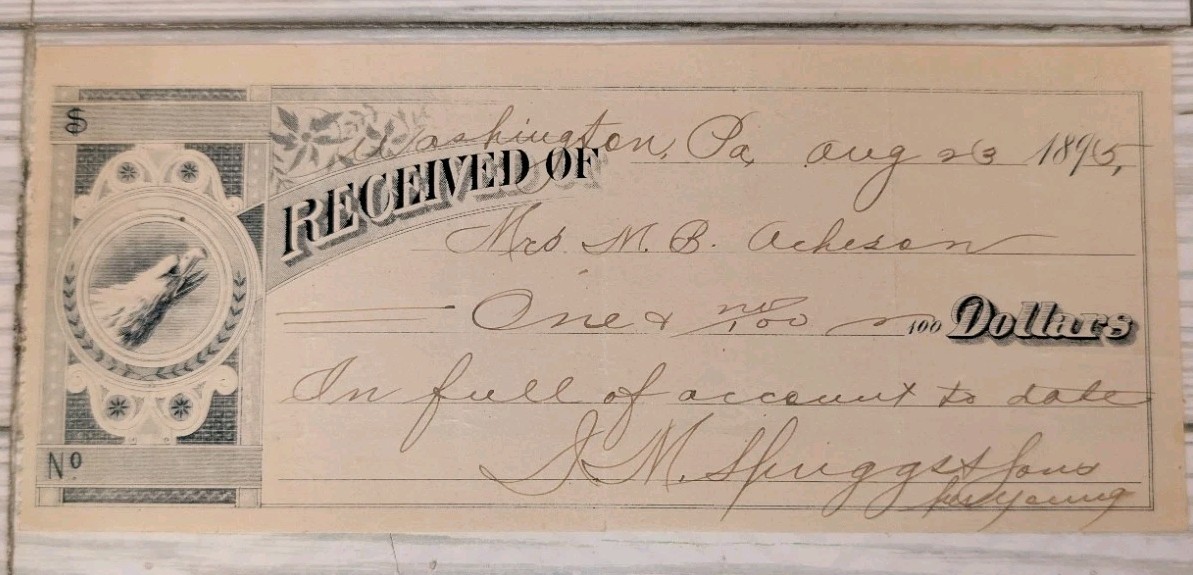 1895 Washington PA Receipt Mrs. M.B. Acheson J.M. Sprigg & Sons Eagle Vignette