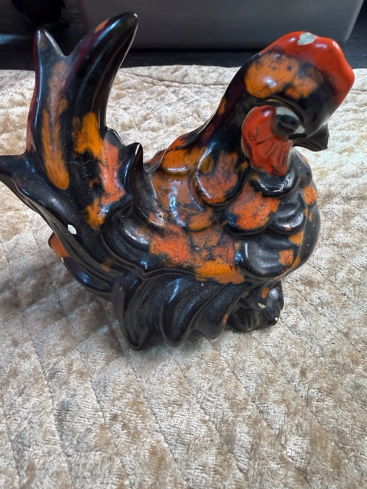Ceramic Pottery Black & Orange Glazed Rooster Chicken Figurine
