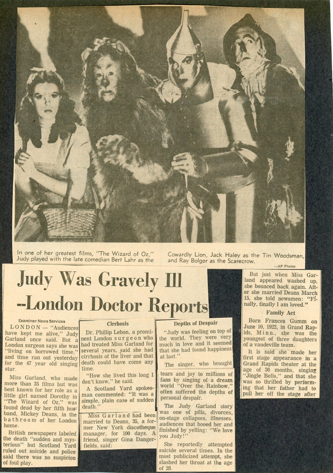 Judy Garland Vintage Newspaper Clippings Affixed to Black Sheet