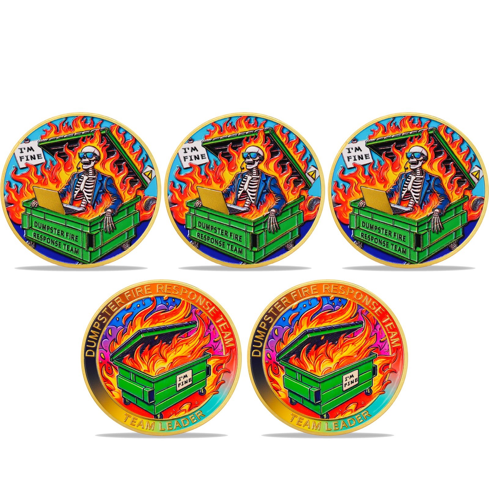 5pcs Funny Dumpster Fire Skull Challenge Coin Dumpster Fire Response Team Themed