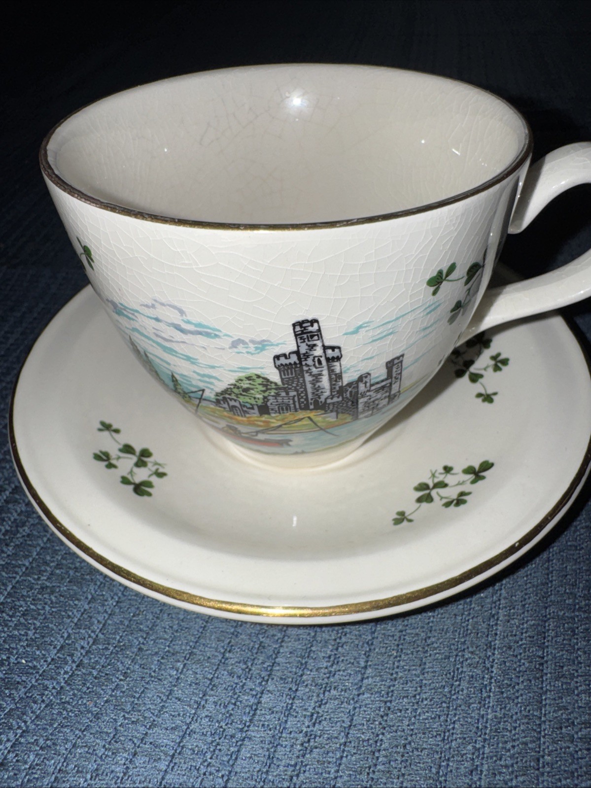 Vintage CARRIGALINE POTTERY IRELAND Tea Cup Saucer Castle Fishing Scene Mint