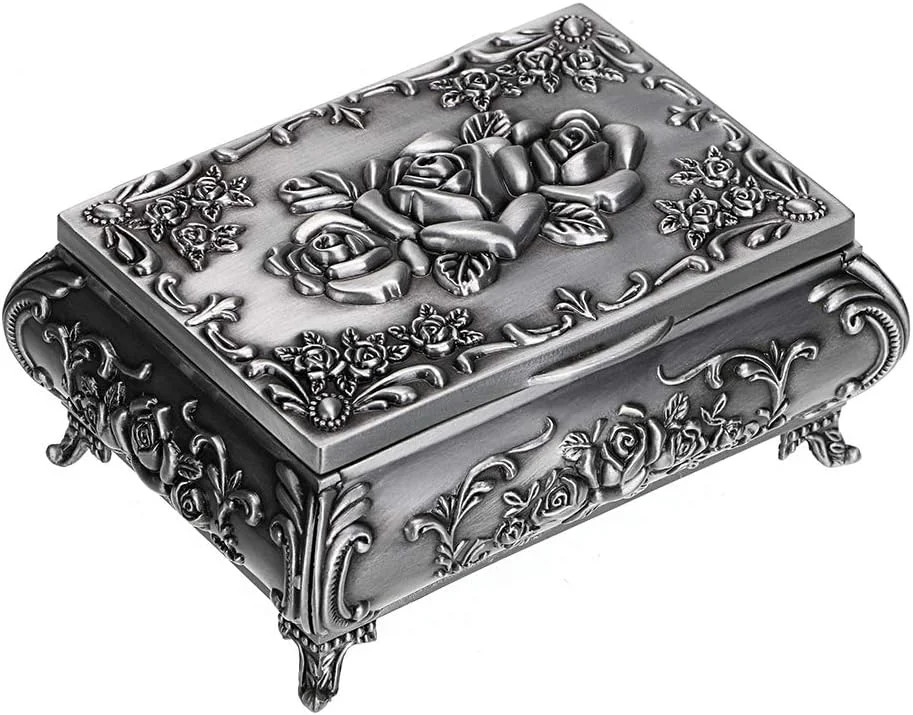 Hipiwe Vintage Jewelry Box Small Metal Trinket Box Engraved Rose for Women Hipiwe Vintage Jewelry Box Small Metal Trinket Box Engraved Rose for Women
