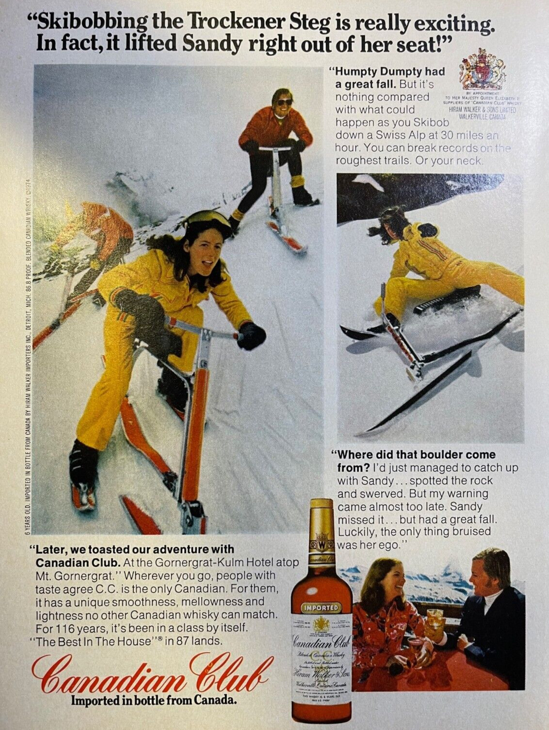 1975 Vintage Magazine Advertisement Canadian Club Whiskey Skibobbing