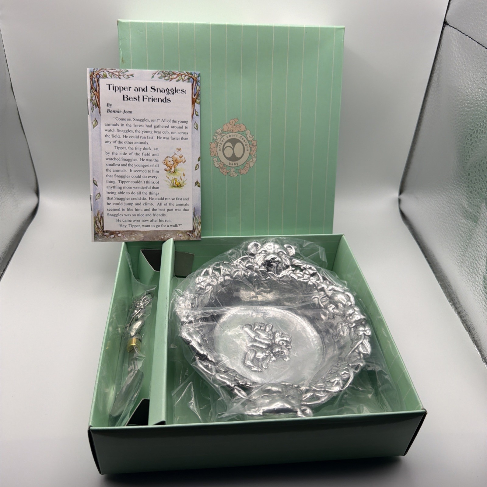 1997 Arthur Court Designs Baby Spoon & Bowl Teddy Bear Tipper Snaggles NEW w Box