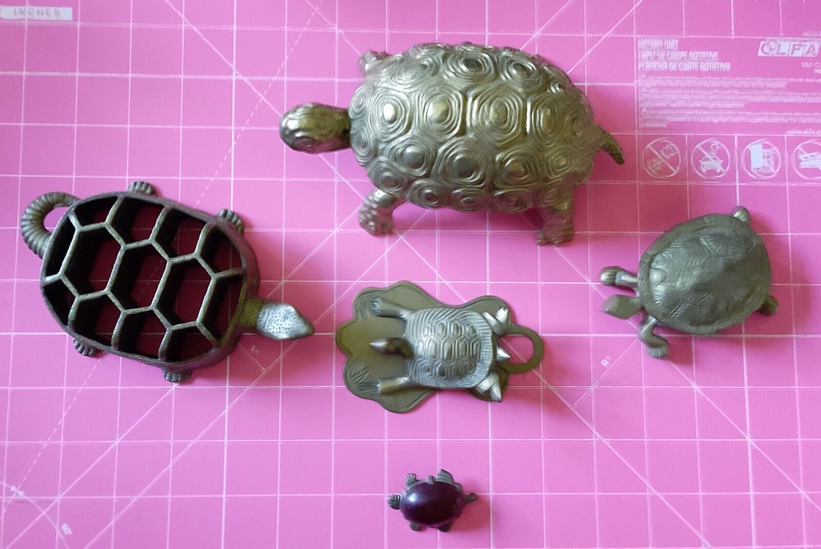 Grandma\'s Collection of Antique Brass Turtles includes trinket boxes & a brooch