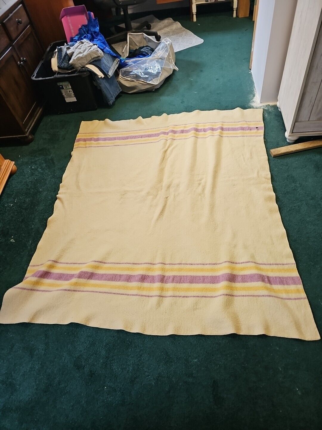 Vtg Kenwood All Virgin Wool Ramcrest Blanket Yellow Pink Stripes 60 x 70 One Hol