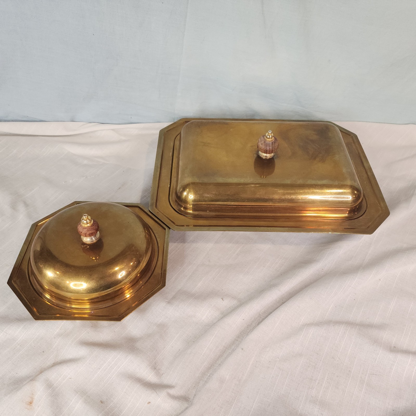 PM Italy, Lidded Brass Serving Dishes Rosewood Handles, Set of 2, Nice