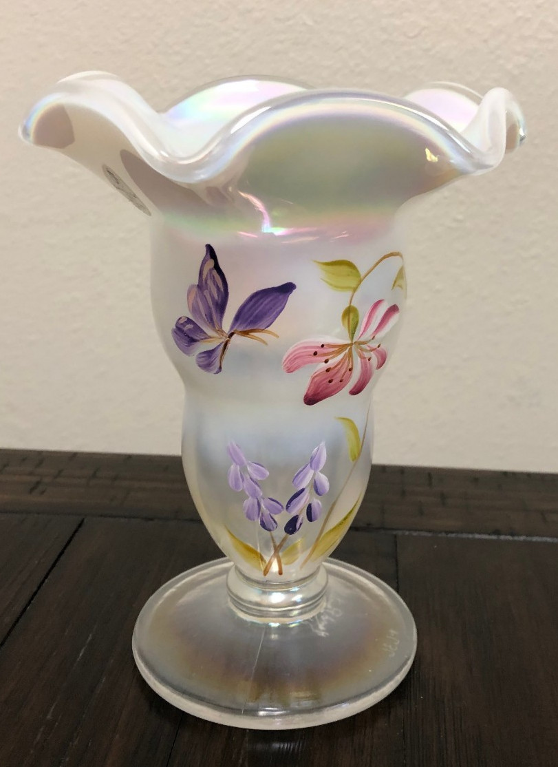 100 Year Fenton HP Butterfly/Flowers Stargazer Glass Vase/Signed by Nancy Fenton