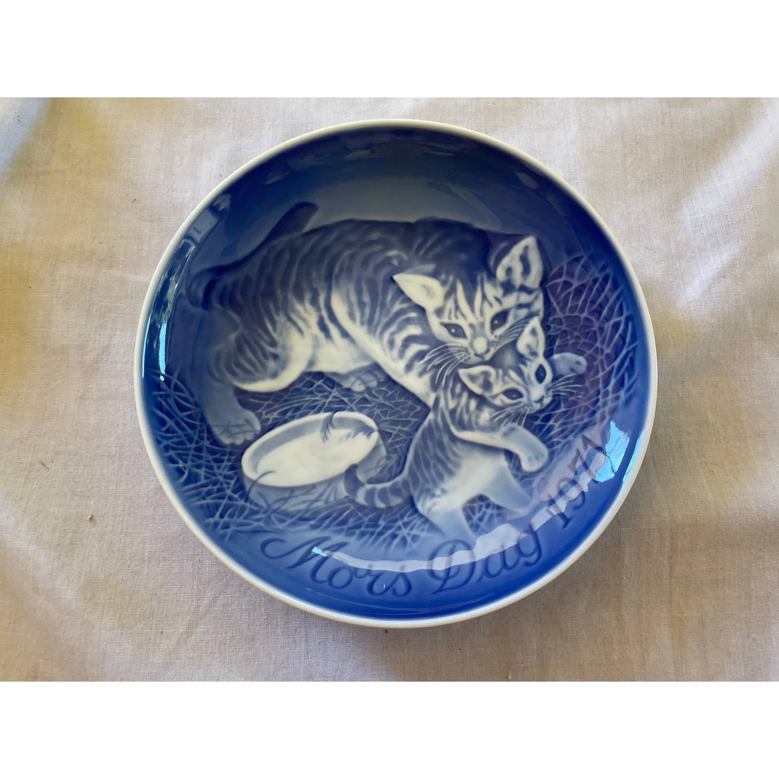1971 B&G Porcelain Mother's Day Mors Dag Cat and Kitten Cobalt Blue Plate