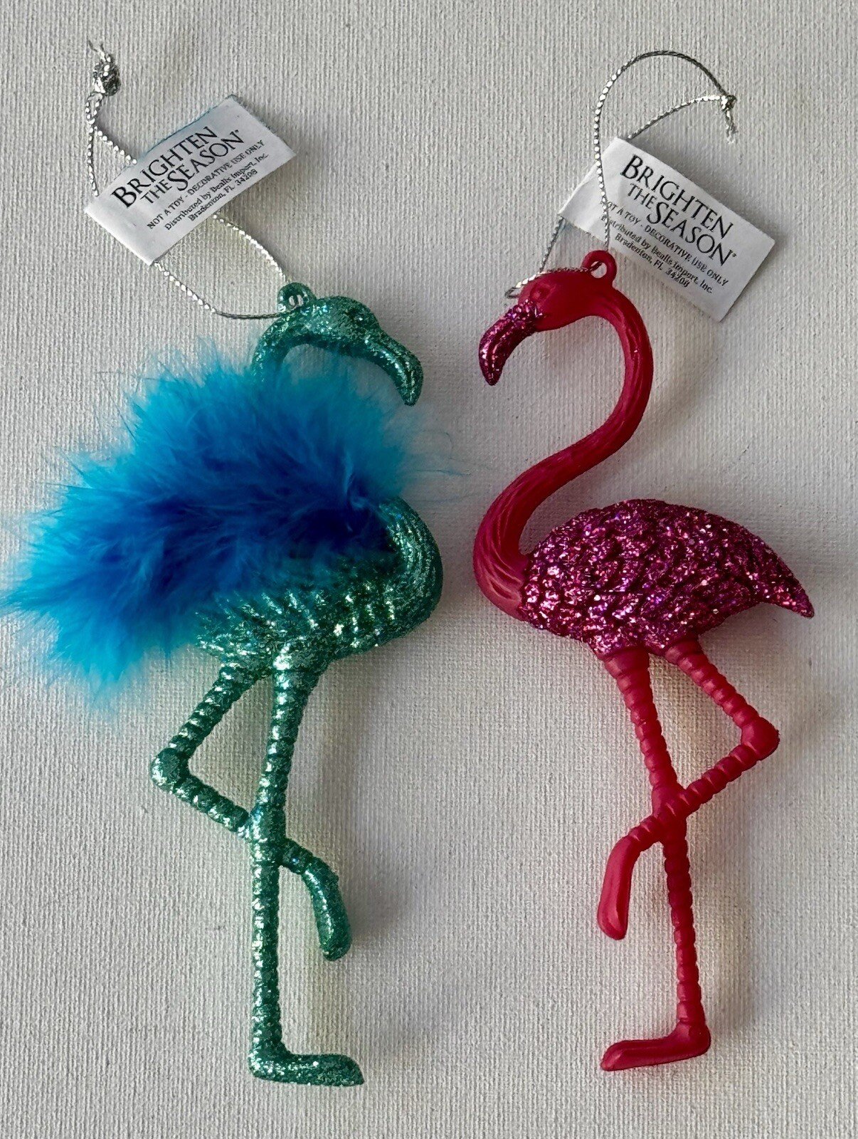 (2) Flamingo Ornaments Blue Feathered & Pink Glittery 6” New w/ Tags