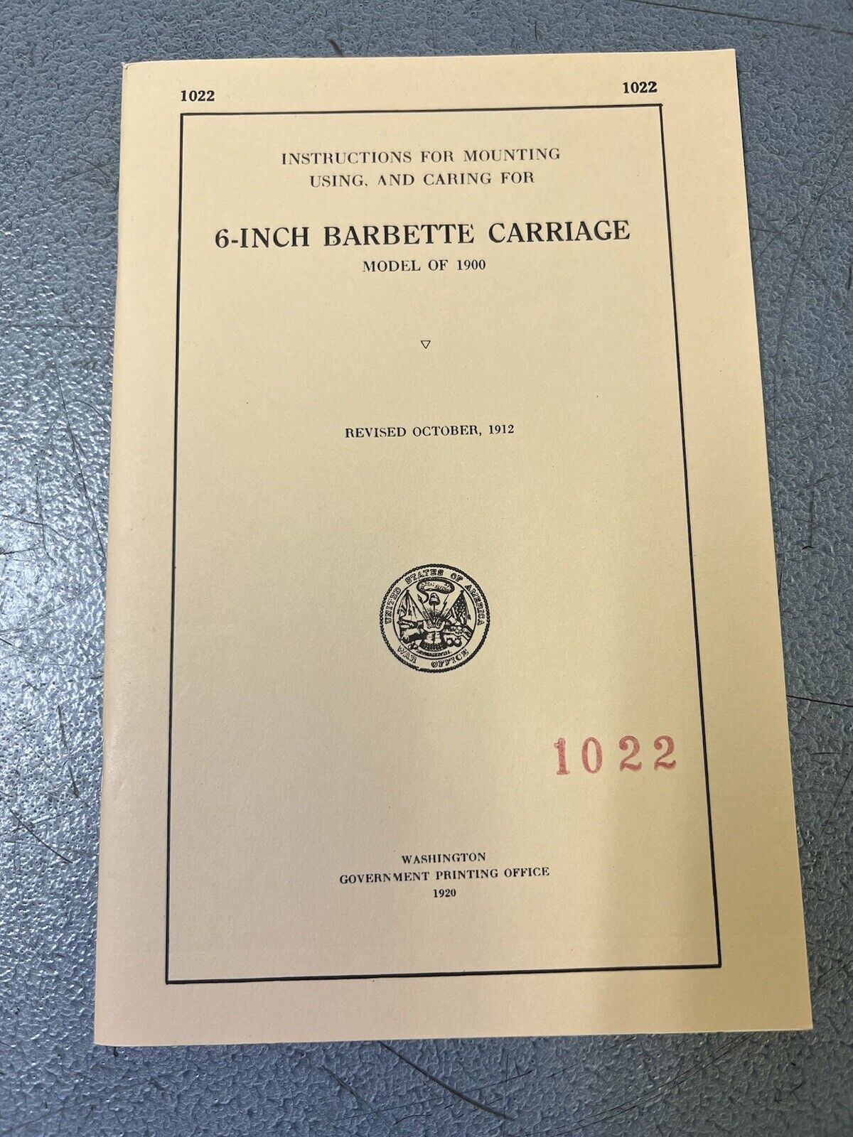 1920 Instruction Booklet for 5-inch Barbette Carriages Model 1900 Reprint