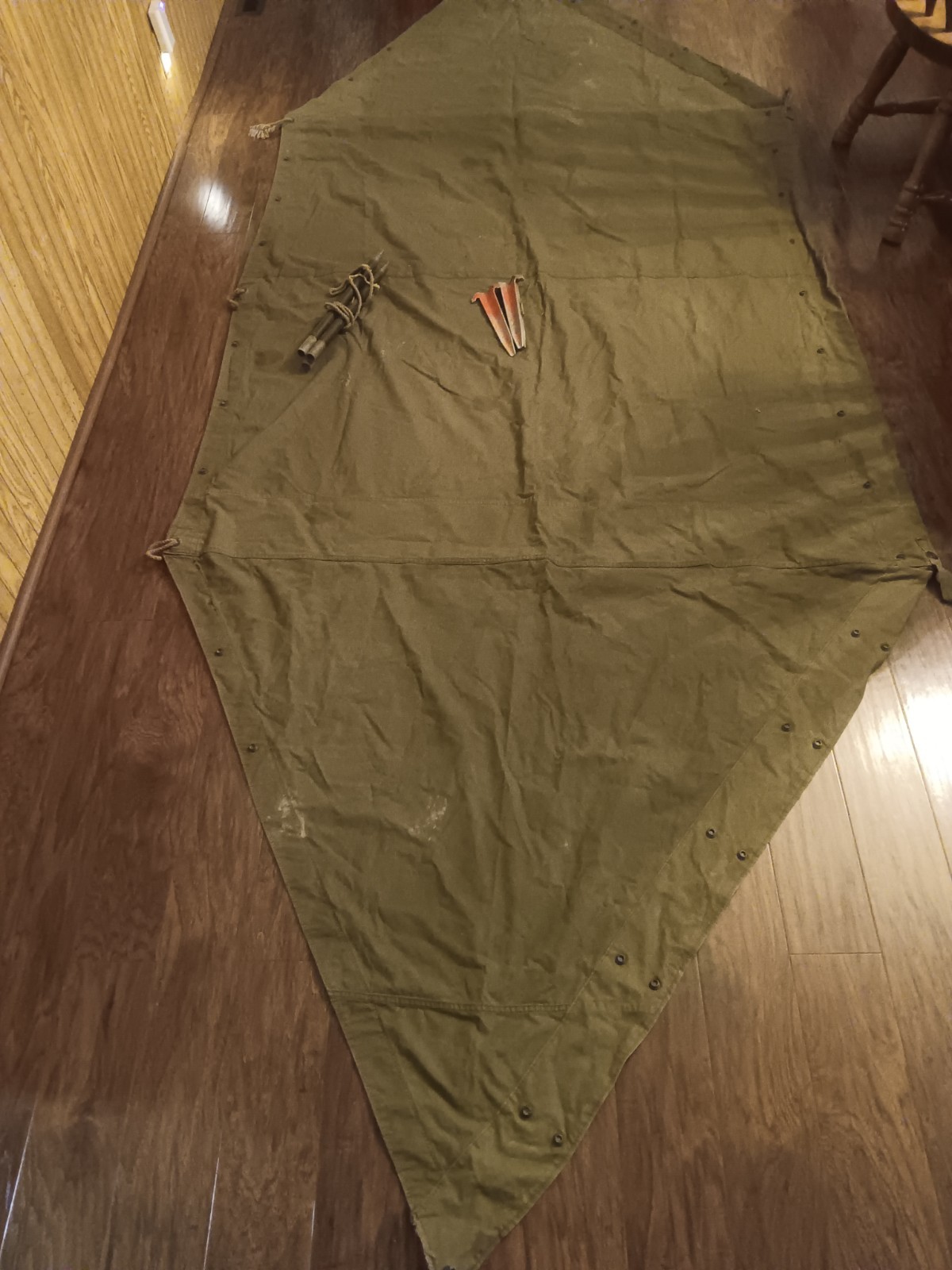 Vintage USGI Vietnam Era Shelter Half Tent  OD Canvas With Pole & Stakes (26-786