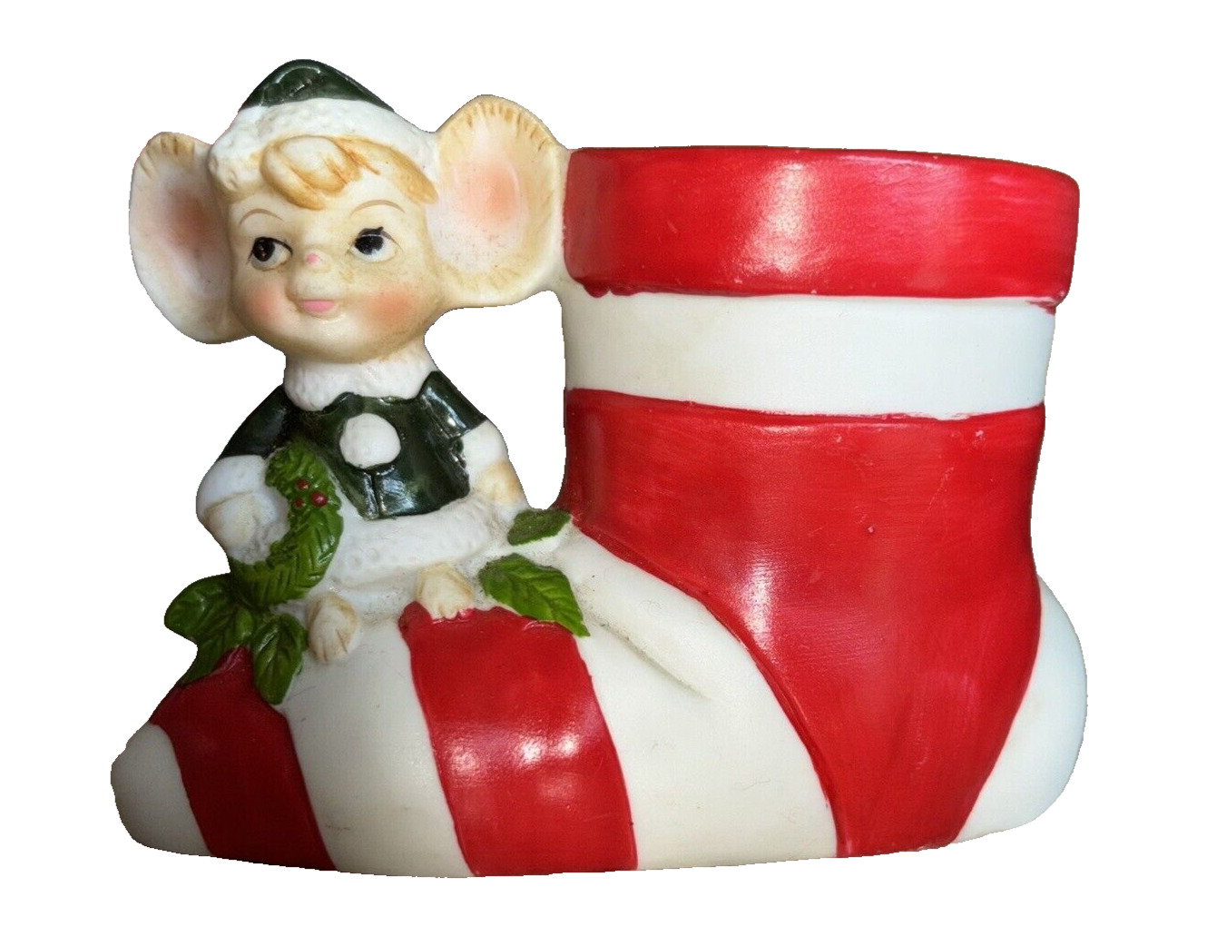Vtg Brinns Stocking & Mouse Planter Porcelain Anthropomorphic Christmas