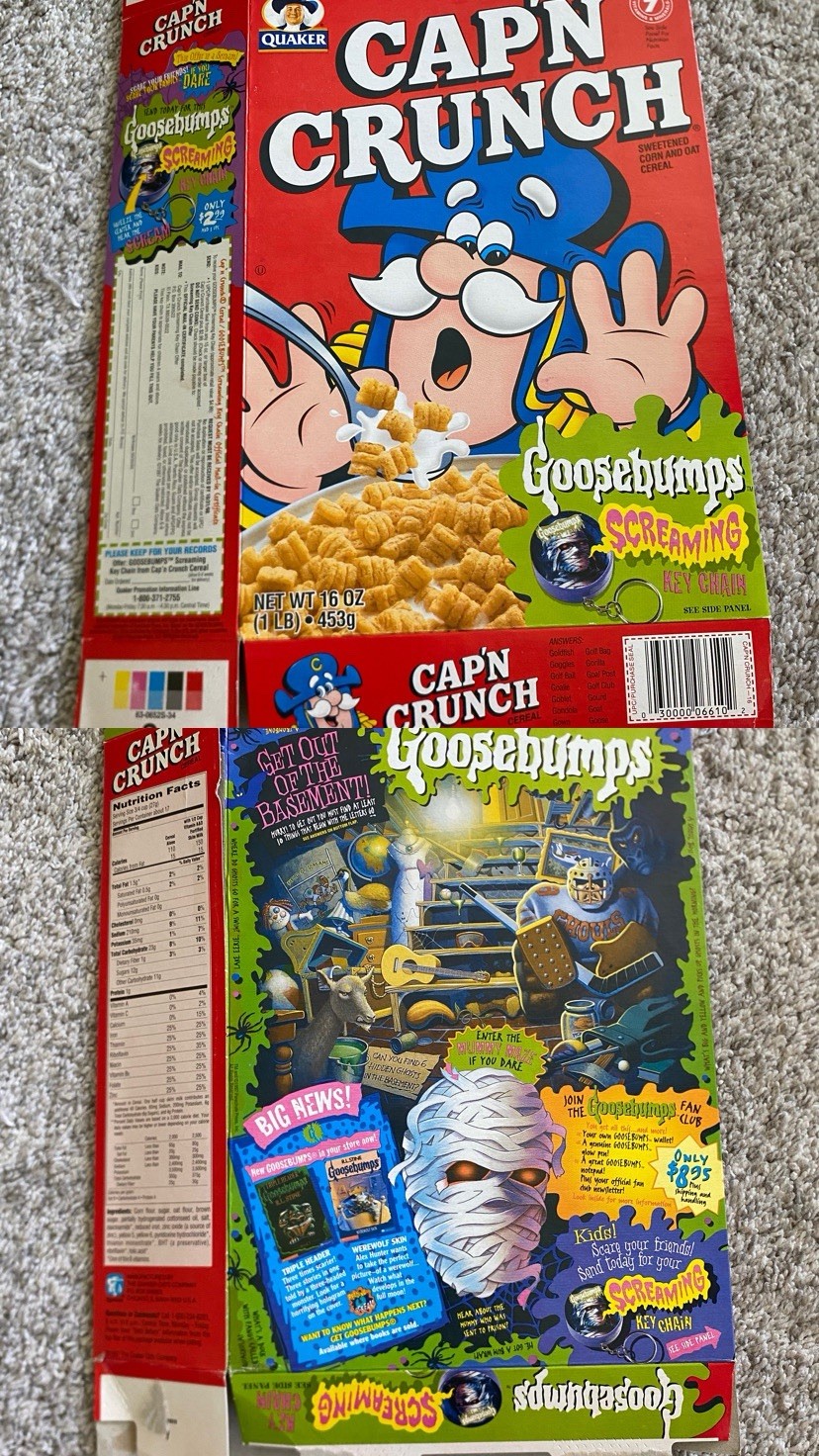 Vtg Cap'N Crunch's Goosebumps Keychain Cereal Box Empty Full size 90s 1997 Vtg Cap'N Crunch's Goosebumps Keychain Cereal Box Empty Full size 90s 1997