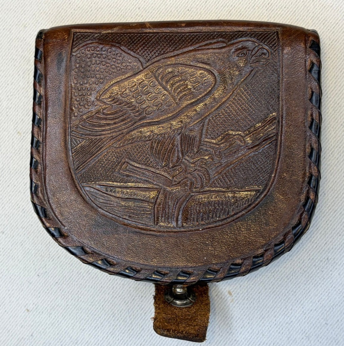 Vtg Mexico Hand Tooled Leather Coin Purse Falcon Bird Floral Whipstitch Wallet
