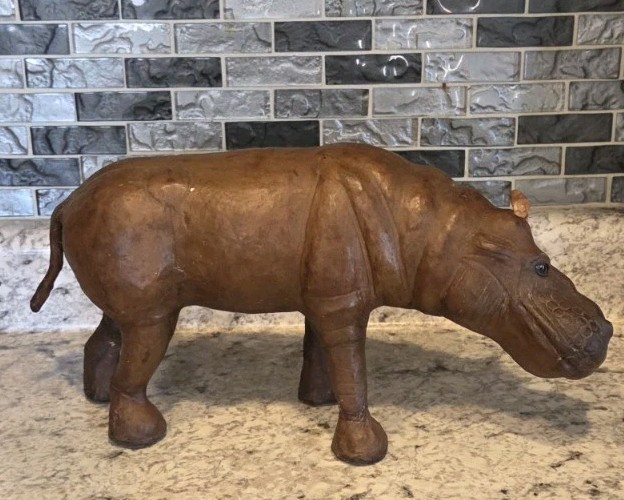 Vtg Mid-Century Leather Wrapped Hippopotamus Figure With Glass Eyes 14\
