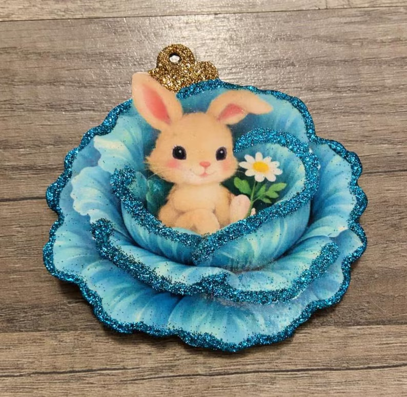 Easter Ornament ~ Vintage Bunny in Cabbage ~ Glitter Wood Decoration ~ Rabbitt