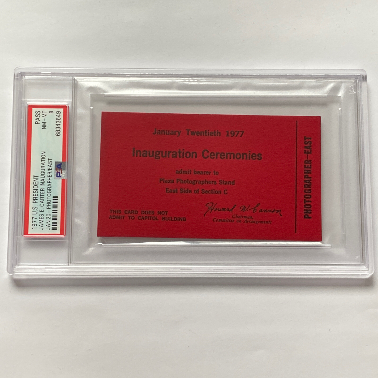1977 President Jimmy Carter Inauguration Photographer Full Ticket Pass PSA 8