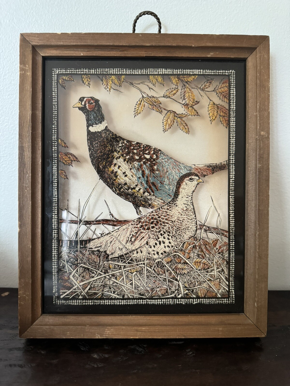 Pheasants Lu Lus Framed Picture Reverse Image on Glass Vintage Birds 9”x 12”