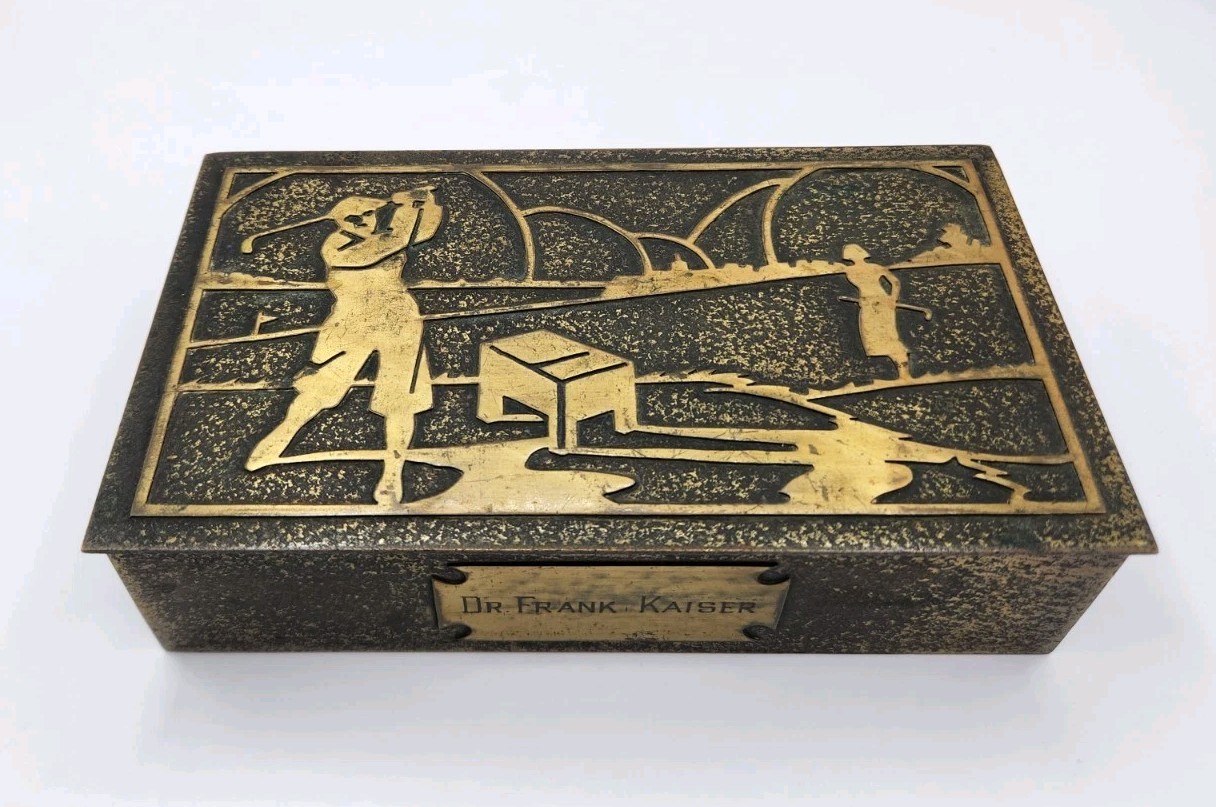 Vtg Silver Crest Bronze Art Deco Golf Cedar Lined Tobacco Cigar Humidor Desk Box