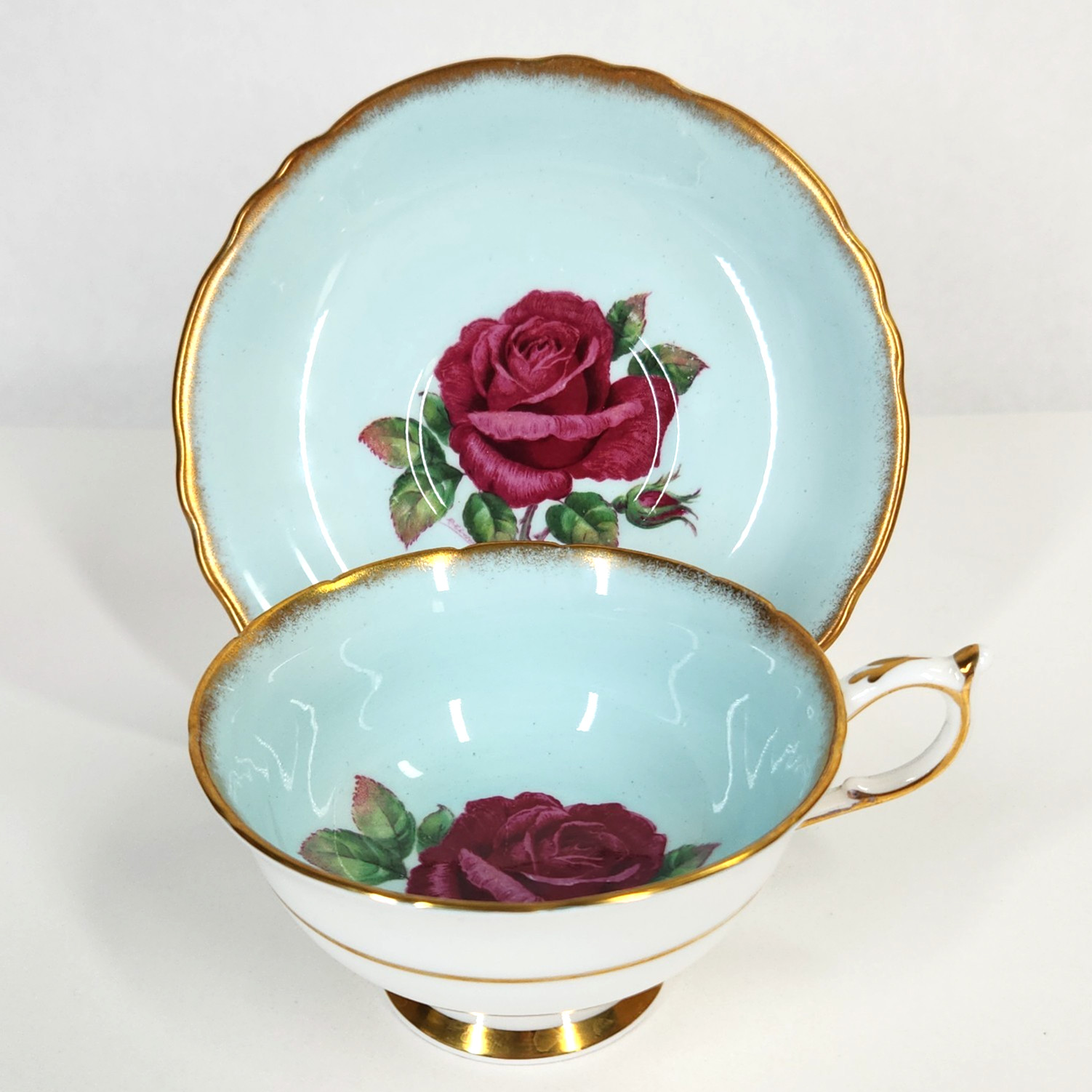 Vtg Paragon R Johnson Signed Floating Cabbage Rose Teacup Saucer Blue England DW Vtg Paragon R Johnson Signed Floating Cabbage Rose Teacup Saucer Blue England DW