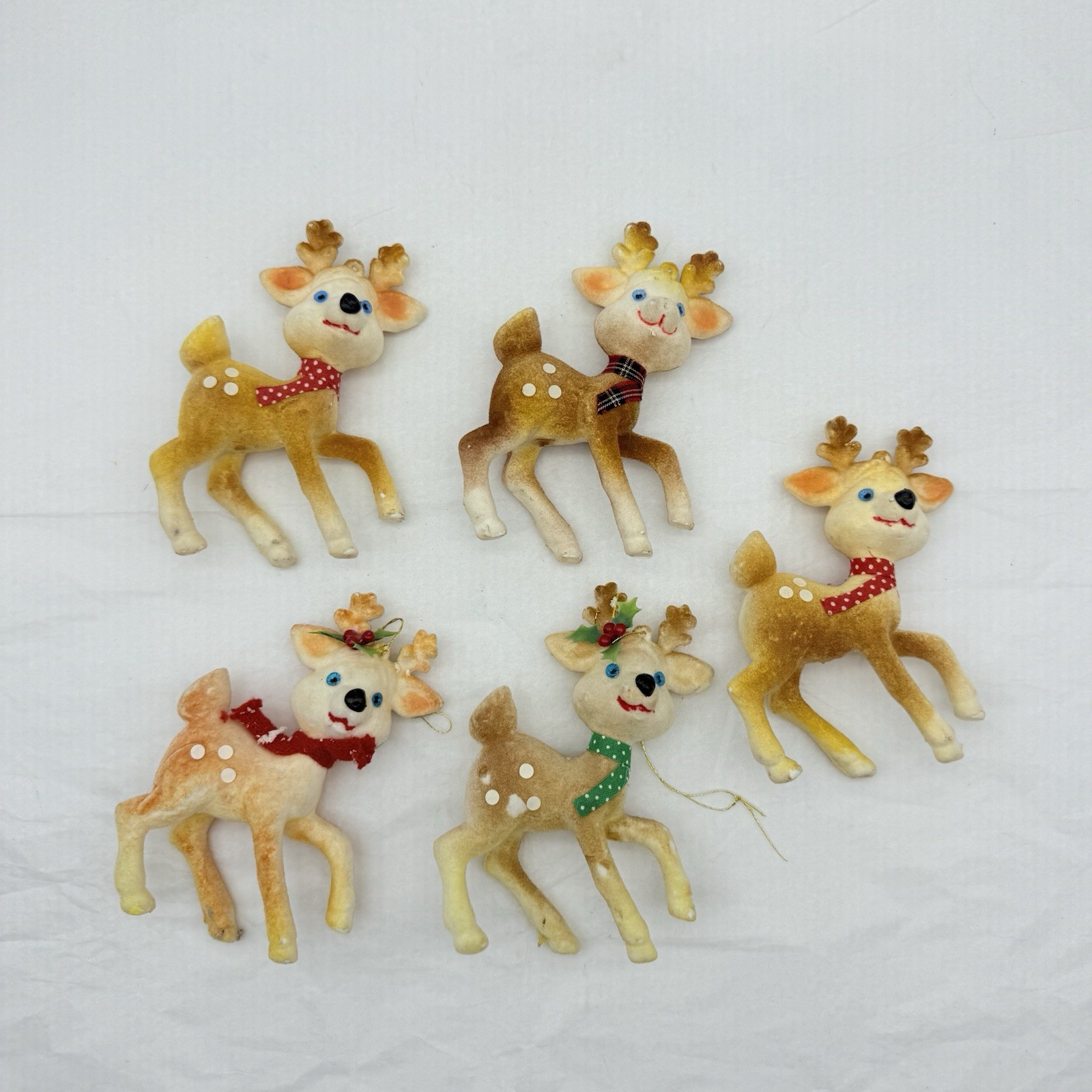 Vintage Blow Mold Tan Flocked Reindeer Christmas Ornaments Lot of 5