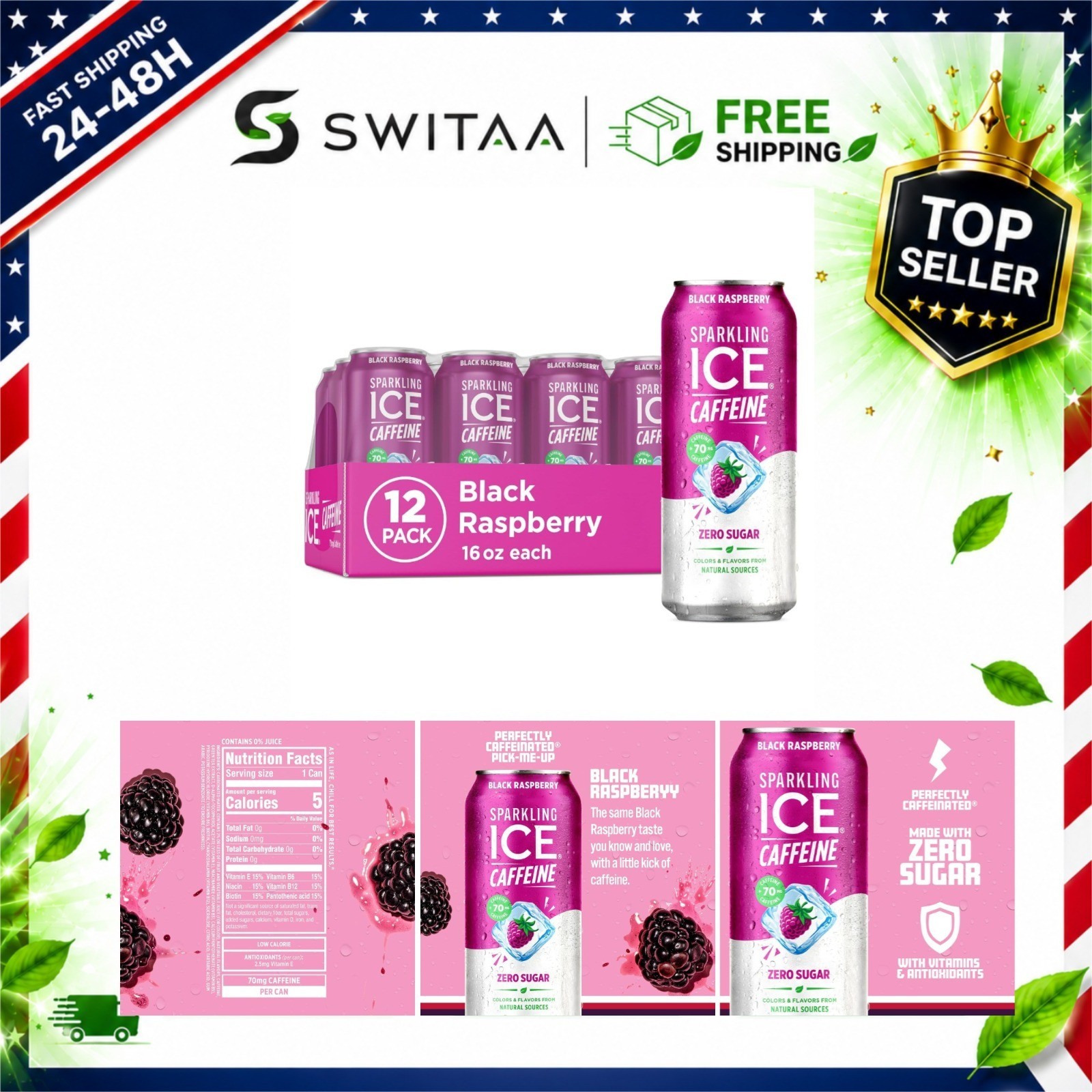 Sparkling Ice Black Raspberry Sparkling Water with Caffeine, Zero Sugar, 16 oz