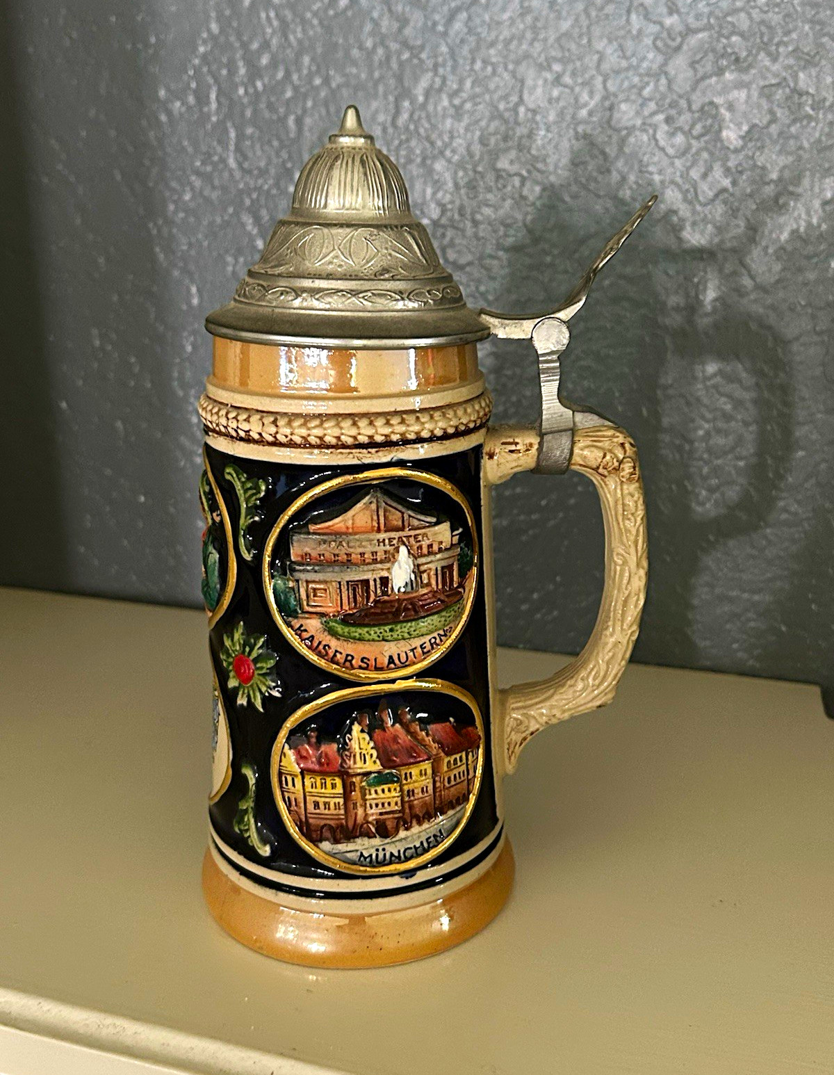 Vintage West German City Landmark Souvenir Stein never used, pewter lid