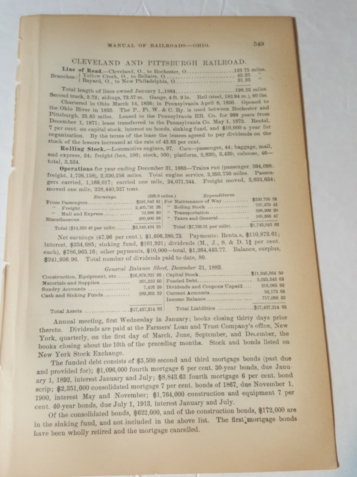 1884 train report  Cleveland & Pittsburgh railroad Bellaire Rochester Bayard OH