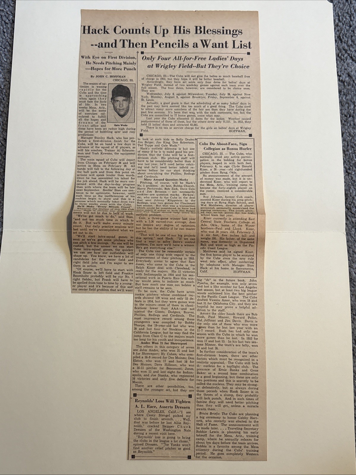 Gale Wade Chicago Cubs 1955 Sporting News Baseball 6X15 Panel