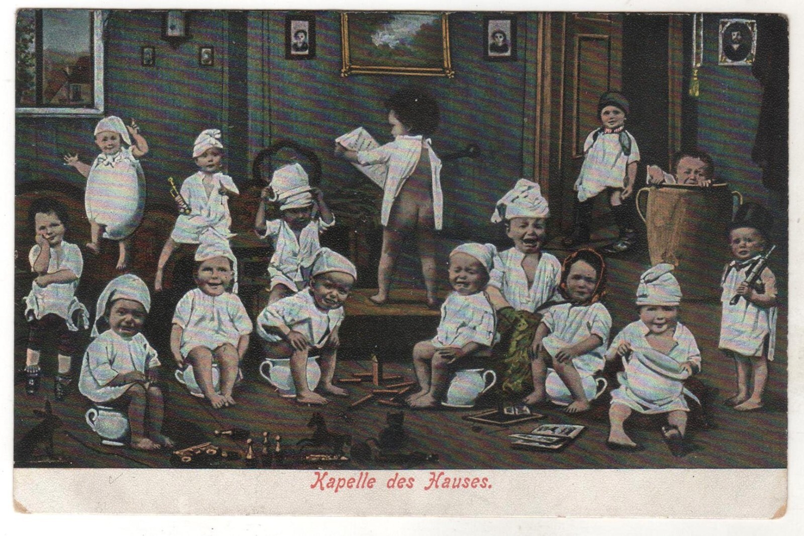 Antique Card Cute children Chapel of the house Postcard Old Russian Postcard