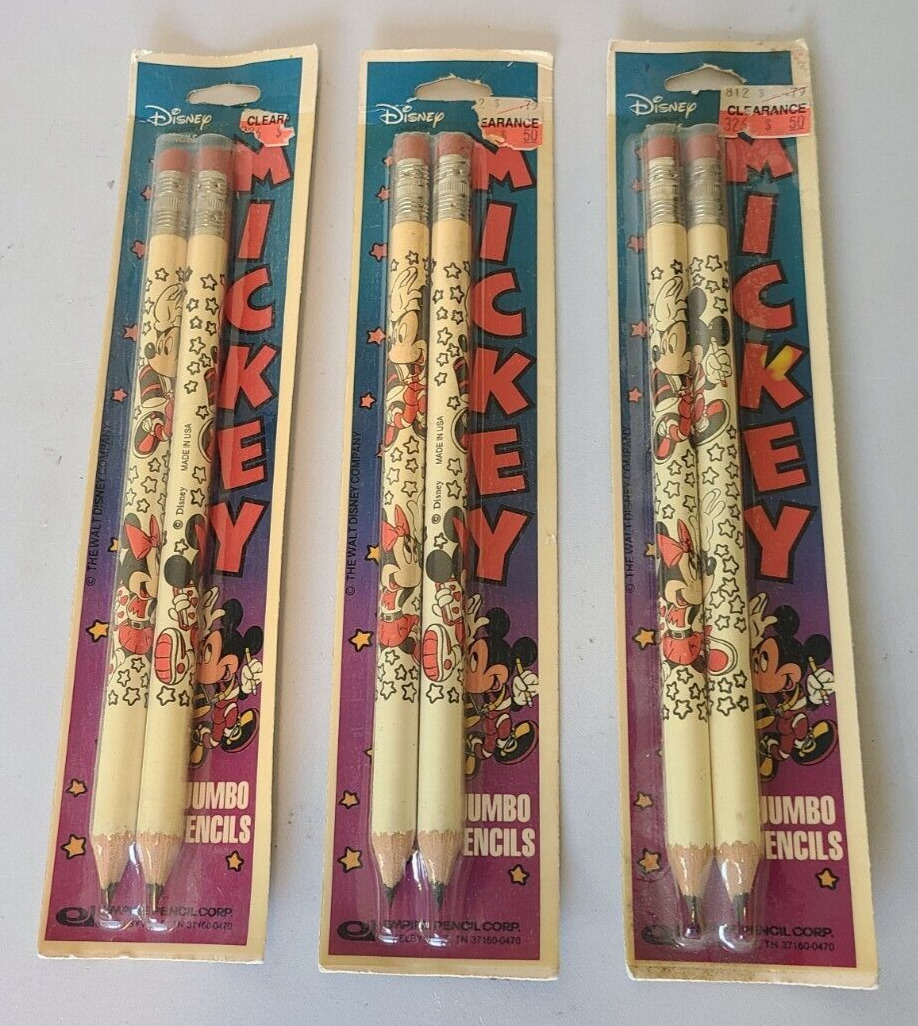 3 NEW Vintage MICKEY MINNIE MOUSE Jumbo Pencils WALT DISNEY Empire USA 80s LOT