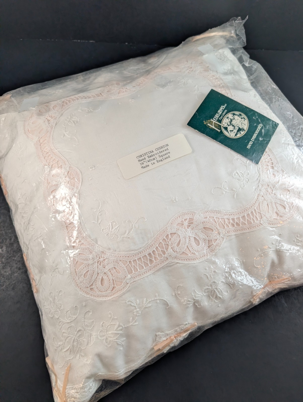 Vtg Heirlooms Hand Embroidered Cutout Lace Peach Ribbon Throw Pillow 16\