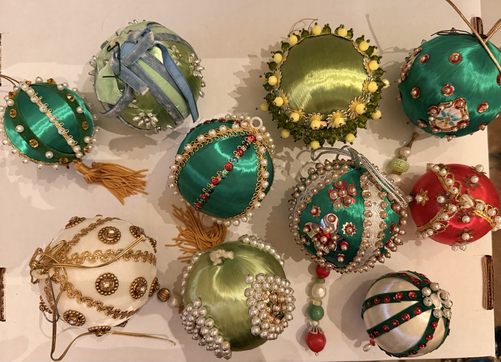 Vintage 10 Large Push Pin Sequin Jewel Beaded Hand Made Christmas Ornaments