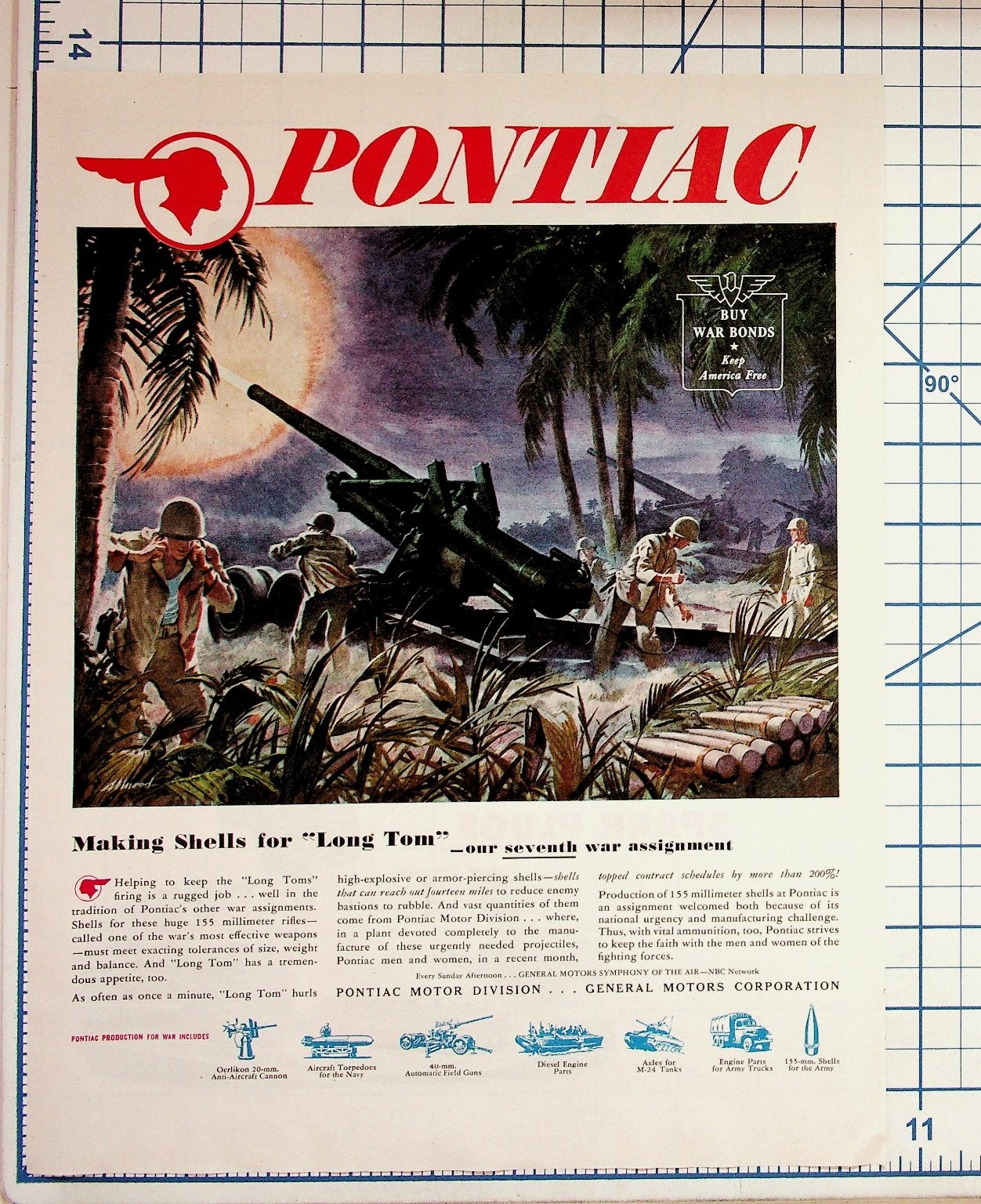 Pontiac WWII War Bonds Ad 1940s Original Long Tom Artillery Magazine Print Pontiac WWII War Bonds Ad 1940s Original Long Tom Artillery Magazine Print