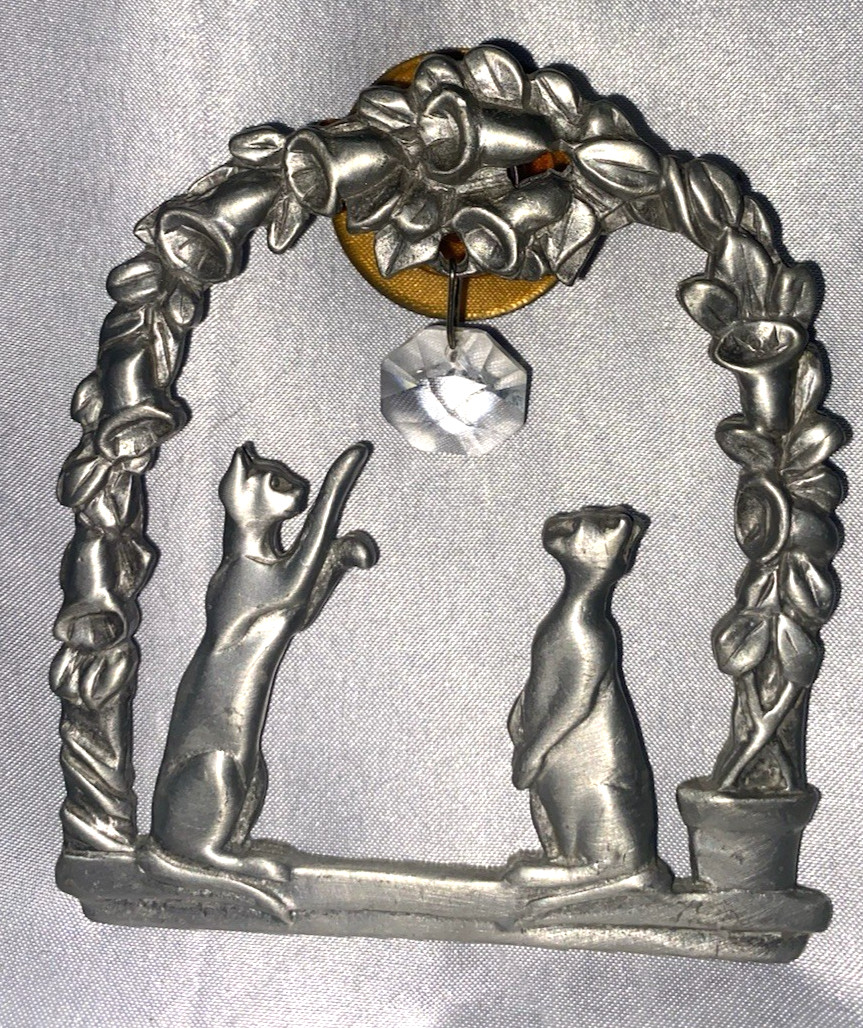 Vintage Pewter Two Cats And Bells With Hanging Crystal Suncatcher 3.5 Vintage Pewter Two Cats And Bells With Hanging Crystal Suncatcher 3.5