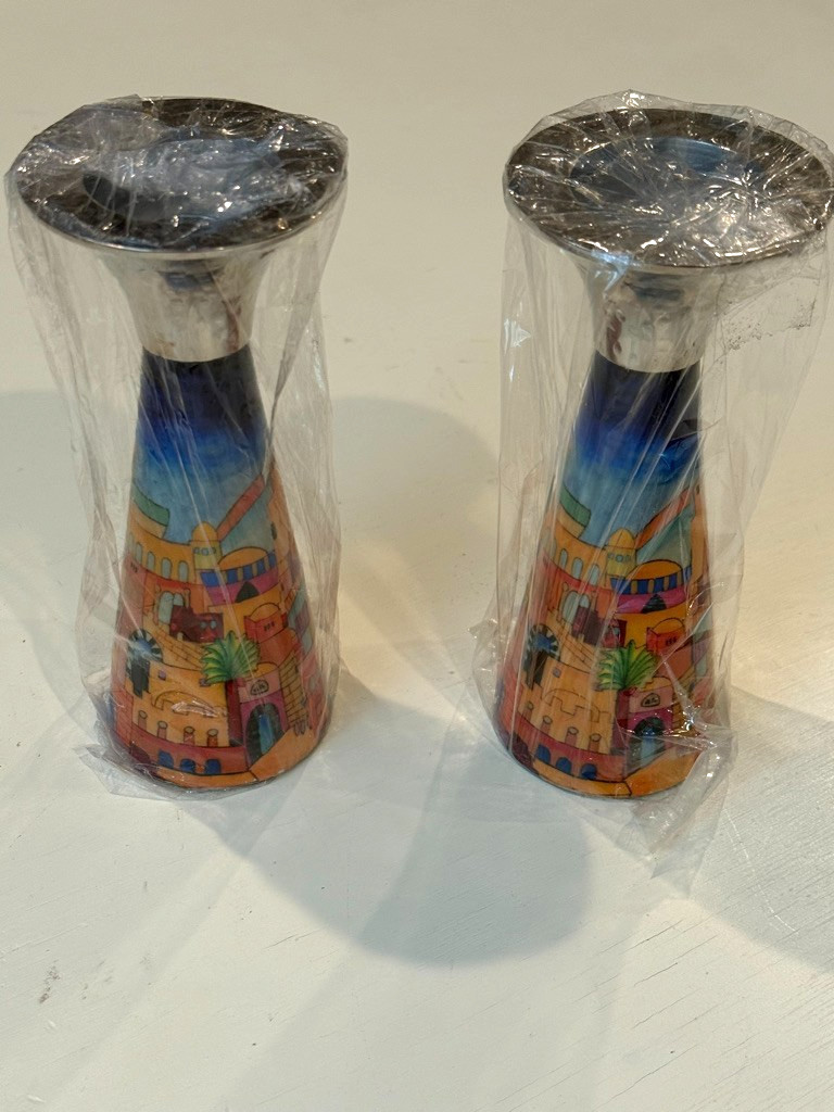 Yair Emanuel Hand Painted Metal Jerusalem Shabbat Paintd Candlesticks 2x Set NEW