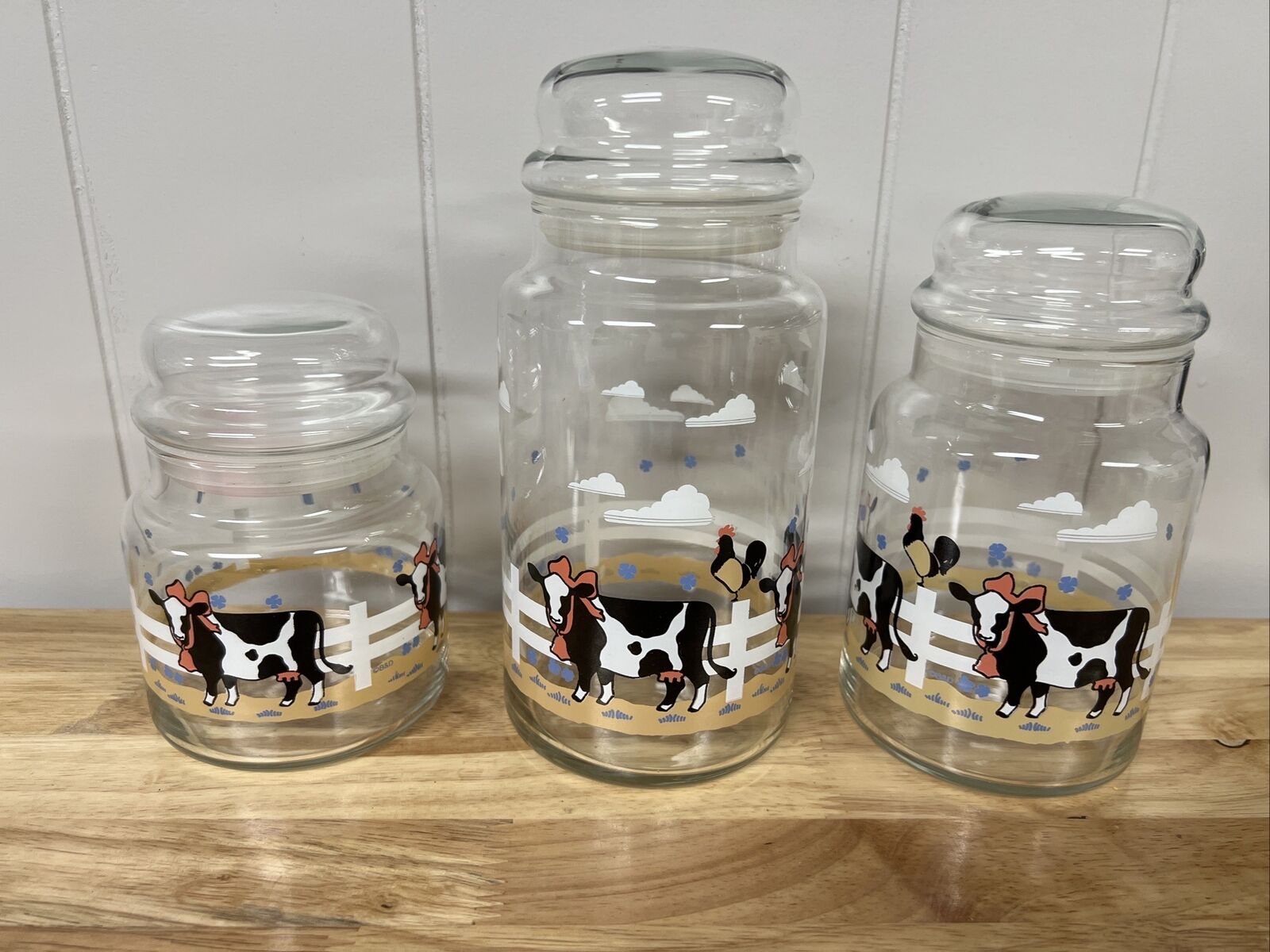 3 Libbey Glass Canister Jar with Lid Cow Country Pattern Candy Goodies