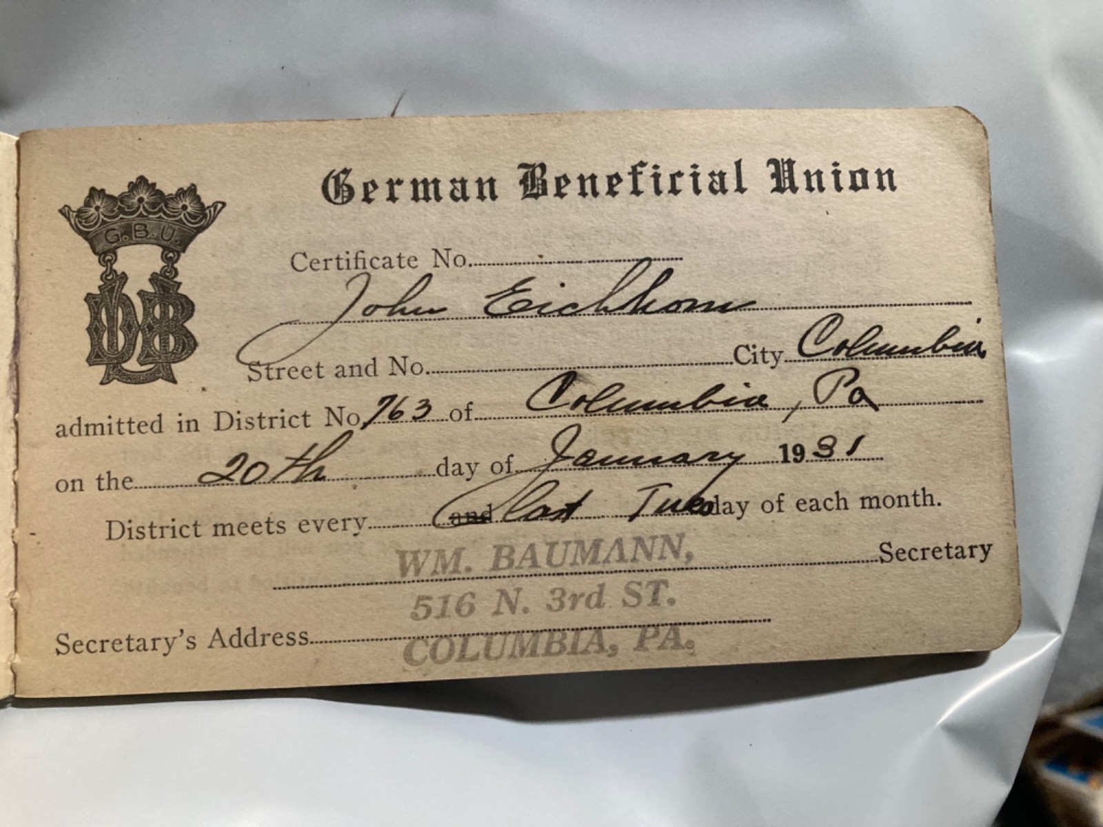 1931 German Beneficial Union Membership Dues Booklet of John Eichhorn - Historic