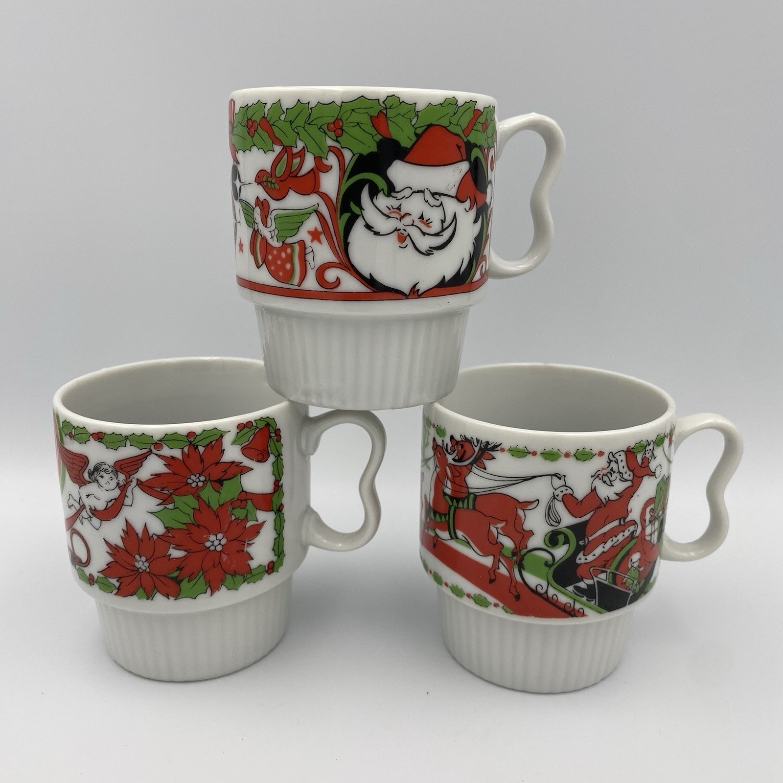 Vintage Trimont Ware Christmas Mugs Set of 3 MCM Stacking Cups Holiday Japan