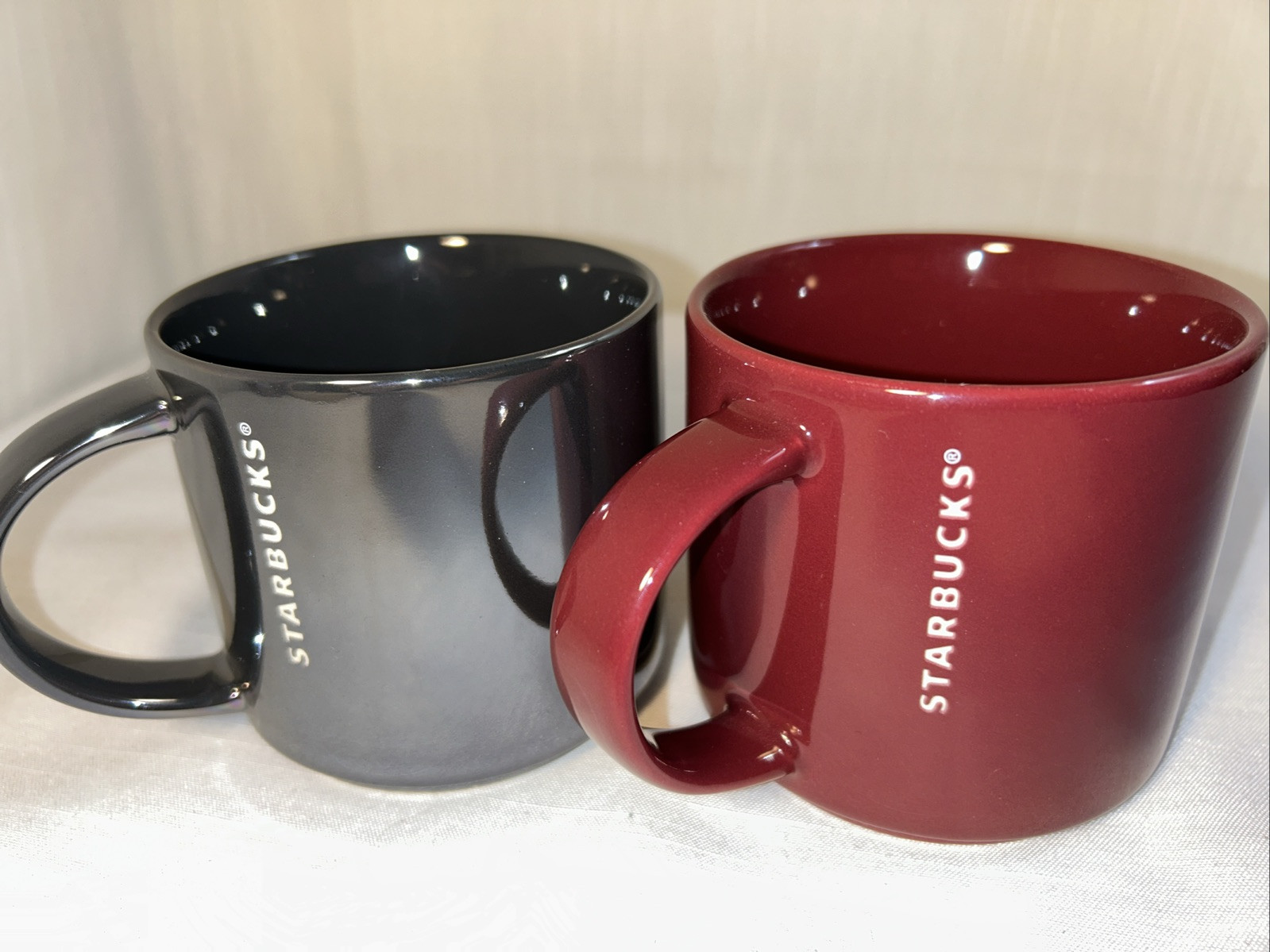 Starbucks Coffee Mugs Ceramic 2013 Burgundy/grey-silver Etched 14 oz Set Of 2