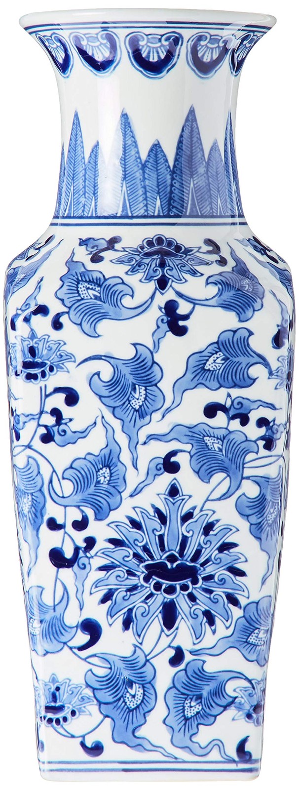 K&K Interiors Porcelain Blue and White Chinoiserie Square Vase, - 15299A K&K Interiors Porcelain Blue and White Chinoiserie Square Vase, - 15299A